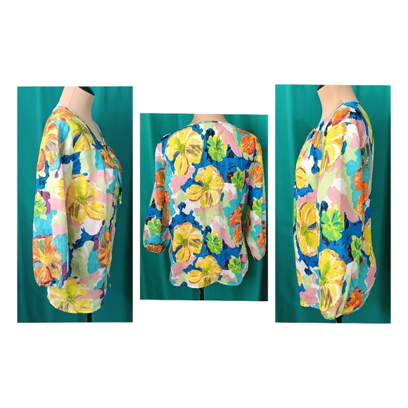 Hester & Orchard Sz L Linen Blend Artsy Rainbow Colorful Floral Blouse Top - Picture 2 of 5